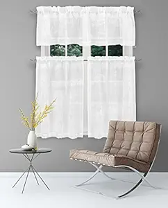 HOME MAISON - Trixy Floral Kitchen Window Curtain Tier & Valance Set, 2 28 X 36 Inch | 1 56 X 15 Inch, White