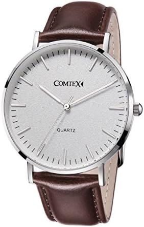 Comtex Men's Watch White Dial Analog Display Brown Leather Strap Simple Watch for Men