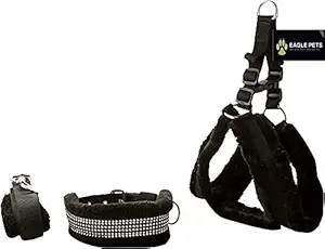 Eagle Pets Nylon Fur Dog Harness , Dog Collar & Leash Set for Puppy. Adjustable (Extra Small, Black) (Black, Extra Small)