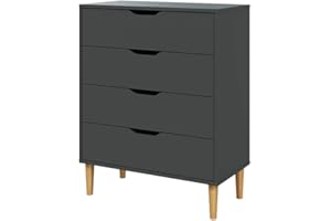 Panana Chest of Drawers, Wood 4 Drawers Cabinet Storage Organiser Unit with Wooden Legs for Living Room Bedroom Hallway (Dark Grey)