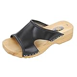 Absatzhöhe: ca. 4 cm Forfus Damen Clogs Holzschuhe Leder Pantoletten, Farbe: Schwarz, Größe: 37