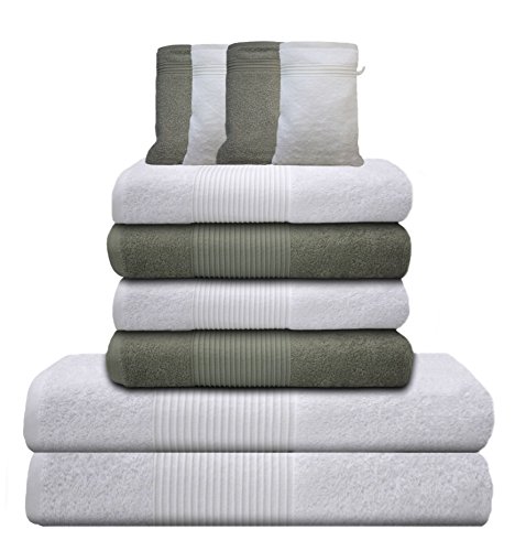 Liness Stripes 10 tlg Handtuch-Set grau 4 Handtücher grau 50x100 cm 2 Badetuch Duschtuch 70x140 cm 4 Waschhandschuhe Waschlappen 100% Baumwolle Frottee Handtücher Set grau anthrazit