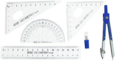 Office Blue Compass Set Square Protractor 15cm Plastic Ruler