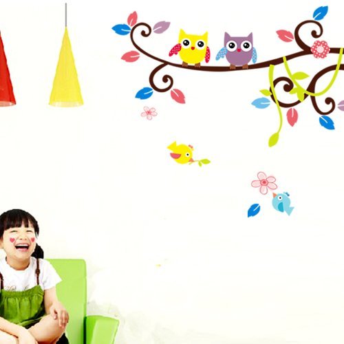 Farbig Wandtattoo Kinderzimmer Tür Festern Dekor bunt Eulen Baum entfernbar Wandstickers. QT35