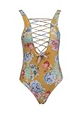 Mit Schnürung am Auschnitt Glam and Gloria Gelber Blumen Boho Vintage Damen Badeanzug mit Schnürung - Gr. M