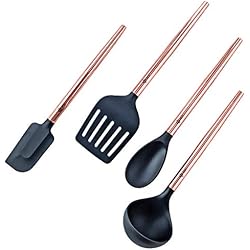 BGT Lot de 4 ustensiles de cuisine en silicone avec poignée en acier inoxydable or rose pour la cuisson et le service, ustensiles de cuisine - Louche à soupe, spatule, cuillère