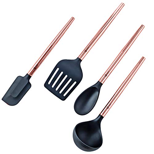 BGT Lot de 4 ustensiles de cuisine en silicone avec poignée en acier inoxydable or rose pour la cuisson et le service, ustensiles de cuisine - Louche à soupe, spatule, cuillère