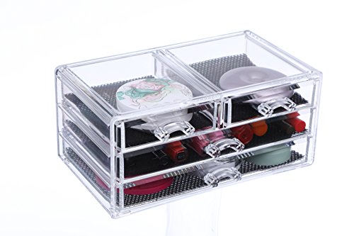 Songmics Acryl Kosmetik aufbewahrung Organizer Schubladen 24 x 13,5 x 18,5 cm 2 Ebenen 4 Schubladen große JKA001 - 9