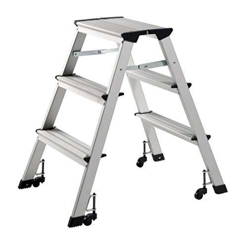 Alu Rolltrittleiter DR-Office 1520 - Breite Standfuß 45 cm - Stufen und Plattform sind geriffelt - 3 stufig, mit Rollen - zusammenklappbar