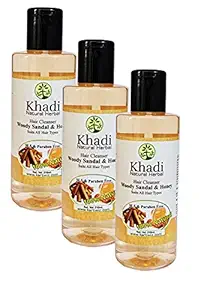 Khadi Natural Herbal Herbal SLS, Sulfate and Paraben-Free Woody Sandal and Honey Shampoo -Set of 3 Pieces, Brown