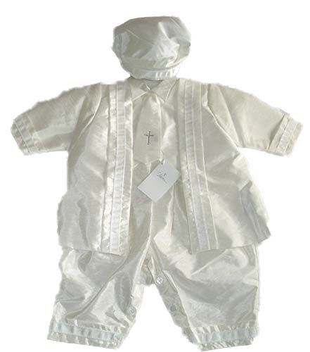 Vianni 4-Piece Baby Boys Ivory Satin Christening Romper Tie with crystal cross and Long Coat Jacket age 12-18