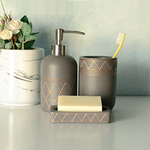 Satu Brown 3-teilig Deluxe Badezimmer Zubehör Set – Beinhaltet: Seifenspender / Lotionspender, Seifenschale, Zahnputzbecher, Erstklassige Zement Badezimmer Zubehör-Set (Braun & Golden) - 3