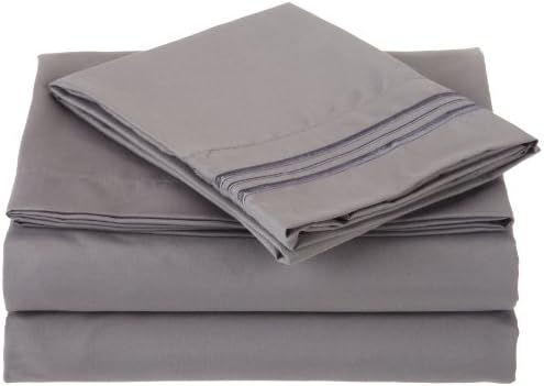 Cathay Home Microfiber Peach Skin Sheet Set with Triple Line Embroidered Pillow Cases, King Size, Gray