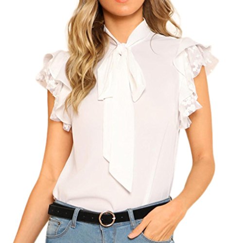 Longra Camicetta Bianca Donna Camicetta in Tessuto Fluido con Volant Gilet a Mosaico in Chiffon Senza Maniche da Donna Ultra Donna Camicia in Chiffon con Maniche Corte (S, Bianca)