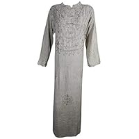 Mogul Interior Bohemian Dresses Long Sleeve Mandarin Collar Pleated Embroidered Boho Dress Large (48, Grey-2)