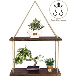 SOLEDI Étagère Murale Tablette Rustique Faite de Corde et de Bois, décoration et Rangement 2 en 1, étagère Murale pour Salle de Bain Nautique, étagère de Ferme à 3 Crochets (2 étages)