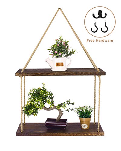 SOLEDI Étagère Murale Tablette Rustique Faite de Corde et de Bois, décoration et Rangement 2 en 1, étagère Murale pour Salle de Bain Nautique, étagère de Ferme à 3 Crochets (2 étages)