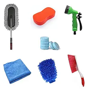 Kanya Car Interior & Exterior Cleaning Accessories Kit Full Combo Pack of 7 (Microfiber Duster, Sponge, 2 Pcs Cleaning Tablet, Water Spray Gun, Cloth, Microfiber Gloves, Carpets Brush)