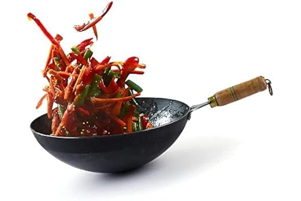 The Indus Valley Pre-Seasoned Iron Wok with Strong Wooden Handle Large, 30.4cm/12 inch, 4.2Ltr, 1.5kg Gas Compatible Pre-Seasoned Wok, 100% Pure & Toxin-Free, No Chemical Coating