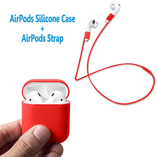 AirPods Case Protective  FRTMA Silicone Skin Case with Sport Strap for Apple AirPods  Red