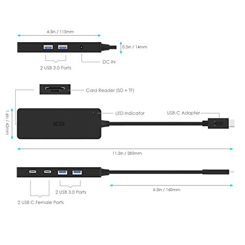 ICZI USB C HUB, mit 4x USB 3.0 port, 2x USB C port und 2x kartenleser, vernickelt Steckers und Buchsen, mehr dünn, Schwarz - 3