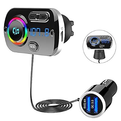SONRU Transmetteur FM Bluetooth 5.0, Adaptateur Radio FM Émetteur Kit Main Libre QC3.0 USB Chargeur Voiture, Support Carte TF/Audio 3,5mm / Siri/Google, Lumière Colorée, Clair Son, 1,1 m Câble