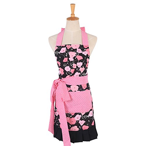 G2PLUS Schön Frau Schürze Baumwolle Blumenmuster Küchenschürze Modische Apron mit Taschen zum Kochen oder Backen (Frau Schürze)