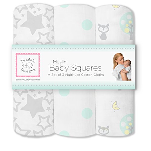 SwaddleDesigns Large Cotton Muslin Squares, Woodland Fun, SeaCrystal, Set of 3