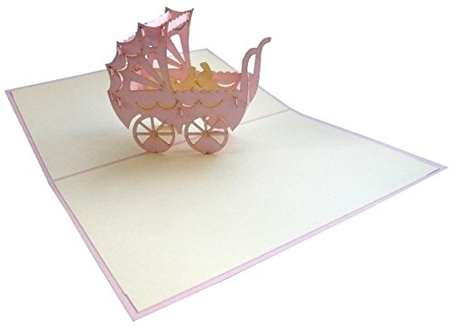 LIN-POP UP 3D Grußkarten Glückwunschkarten Geburtskarten Grußkarten Geburt Babykarten, Kinderwagen Mädchen - 3