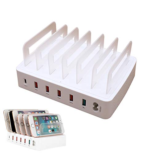 Equickment USB C Charger USB Charger Plug iphone Charger Cable 6 Ports+QC3.0+Type-C USB Charger Station Dock with Holder for Smart Phone Tablet PC