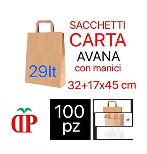 C.N. Shopper Carta Sacchetti di Carta con Manici Avana 32x45 cm 100 PZ Shopper Busta in Carta Kraft Marrone Borsa Ecologica per Negozi