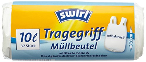 Swirl 4er Pack Müllbeutel mit Tragegriff, 10 Liter, Antibakteriell, 37 Stück pro Rolle, Weiß