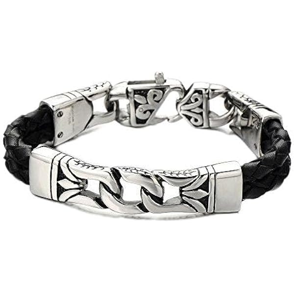 COOLSTEELANDBEYOND Grand Bracelet Homme Crâne Acier Inoxydable 316L - Tête De Mort Biker Croix - Argent Poli Miroir