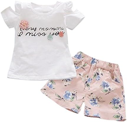 Girls' Clothes Set JYJM Toddler Kids Baby Girl Letter T-Shirt Top+Floral Shorts Pants Outfit Gift For Girl Summer Short Sleeve Party Costume Photo Prop For 12 Month -4year Girls (110, White)