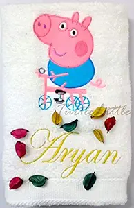 TurtleLittle, Cotton, Peppas Brother George on Cycle Personalised Kids Bath Towel, 500 GSM(Set of 1, White)