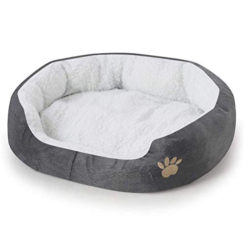 Chianrliu Pet Bed, Dimple Fleece Nesting Dog Cave Bed Pet Cat Bed for Cats and Small Dogs, Round or Oval Shape, Lovely Footprint Embroidery, 45 * 35 cm (S, Color 1)