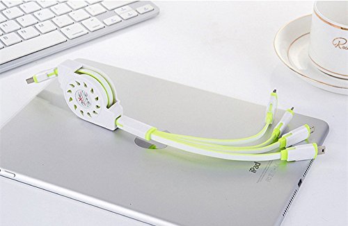 J2CC Multi Ladegerät einziehbar 4 in 1 Multiple USB Ladekabel Adapterstecker mit 8 Pin Lightning / 30 Pin / Micro USB2.0 / Mini USB-Ports für alle iPhone, iPad, iPod, Android, Amazon Kindle, mp3, mp4, Power Bank, Auto Aufladeeinheit und mehr (100cm, weißes + fluoreszierendes Grün) - 4