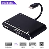 【Erstaunlich Multi-funktionale】 4 in 1 Ligh tning auf HDMI VGA AV-Adapter kompatibel mit Geräten (wie TV, Projektor, Monitor), die mit HDMI, VGA, AV / 3,5 mm Audio-Port kommen, wird es sowohl Audio-und Video-Ausgang unterstützen oder HDMI- und VGA-Anzeige gleichzeitig. Erlauben Sie, HD 1080P Effekt zu erfahren, vervollkommnen Sie für Heimkino, Darstellung, Unterricht, Ausstellung, ect.