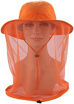 360 degree Solar Protection UPF 50+ Sun Hat Outdoor Anti-mosquito Mask Hat with Head Net Mesh Face Protection for Outdoor Lover, Orange-red