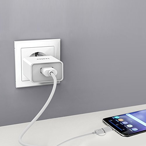 iVoler Super Mini Caricatore da Muro Portatile a 1 Porte (12W/ 2.4A Max) Incluso un Cavo 2 in 1 Type C e Micro USB (1m) per Samsung Galaxy S9 / S9 Plus / S8 / S8+ / S7 / S7 Edge / S6 Edge/S6 Edge+, iPhone, Huawei, ASUS, LG, Microsoft Lumia, Motorola, Ultra Compatto Caricabatterie USB Alimentatore Caricatore da Parete con Tecnologia di Ricarica Rapida Qsmart per iPhone, iPad, Android Smartphone, Tablet, e gli altri dispositivi USB. - Bianco