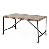 IKAYAA - Mesa de Madera de Pino Natural 150x80x76.5cm para Uso de Comedor Cocina Escritorio Reunión (Estilo Industrial,Con Ruedas Giratorio 360°)