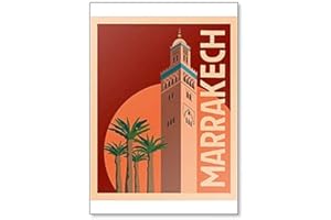 FOTO MAGNETS Aimant de réfrigérateur Illustration touristique de Marrakech. Vieille tour et palmiers contre le ciel du coucher de soleil
