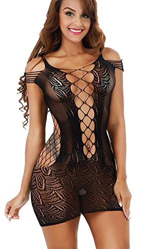 Acizi Lingerie Femme Résille Babydoll Mini Robe Body Bodystocking Taille Élastique pour Sexe (Noir)