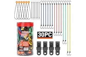 HORUSDY 30-Piece Premium Bungee Cords Assortment Jar, Includes 10”,18”,24”,32”,40” Bungee Cords, 8”Canopy/Tarp Ball Ties and Crocodile Mouth Tarp Clips