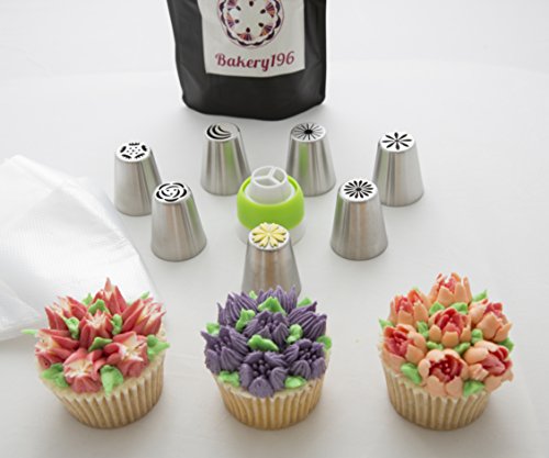 Russische Rohrleitungen Düsen - 18pcs Satz: 7 russische Vereisung Düsen, 10 Einweg-Spritzbeutel, Tri-Color-Koppler - Icing Düsen perfekt zum Backen und dekorieren Kuchen