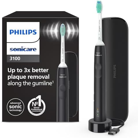 Philips Sonicare 3100 spazzolino elettrico sonico, sensore di pressione e timer, custodia da viaggio, colore nero, HX3673/14, Sonicare 3100, Nero