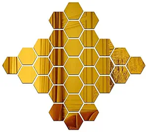 Wall1ders - 31 Hexagon & 10 Butterflies Golden (Each Hexagon Size 10.5 cm x 12.1 cm) 3D Hexagon Mirror Wall Stickers, 3D Mirror Stickers for Wall Large Size, 3D Wall Mirror Stickers