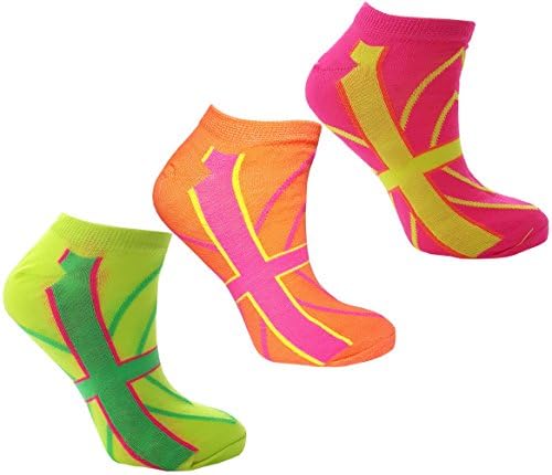 Ladies &amp; Girls Neon Trainer Socks Acrylic Summer Ankle Liners 3 Pair Multi Pack (UK 4-6 (EUR 35-38), Pack 6 (Yellow/Orange/Pink Union Jack))