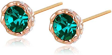 Rose Gold Plated Emerald Green Color Austrian Crystal Rhinestones 9mm Round Stud Earrings Good Quality