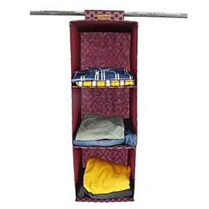 SHREY CREATION Non Woven 3 Shelf / Compartment Closet Cloth Hanging Organizer / Clothes Storage Wardrobe Organiser for Almirah - (Maroon)|(Pack of 1)